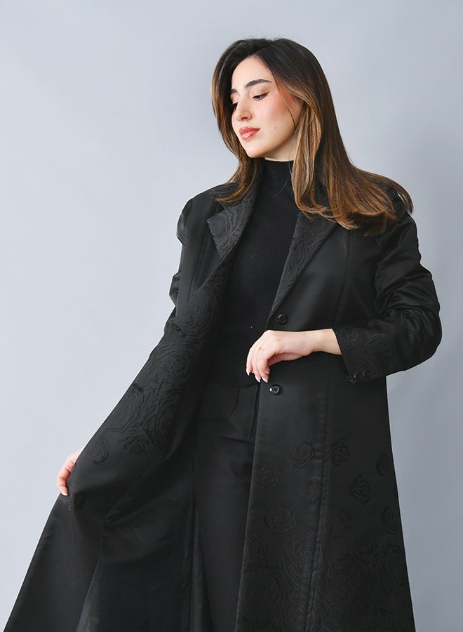 HAWRAA ABAYA Elegant blazer-style abaya with an A-line silhouette, crafted from refined fabric adorned with floral patterns - Image 5
